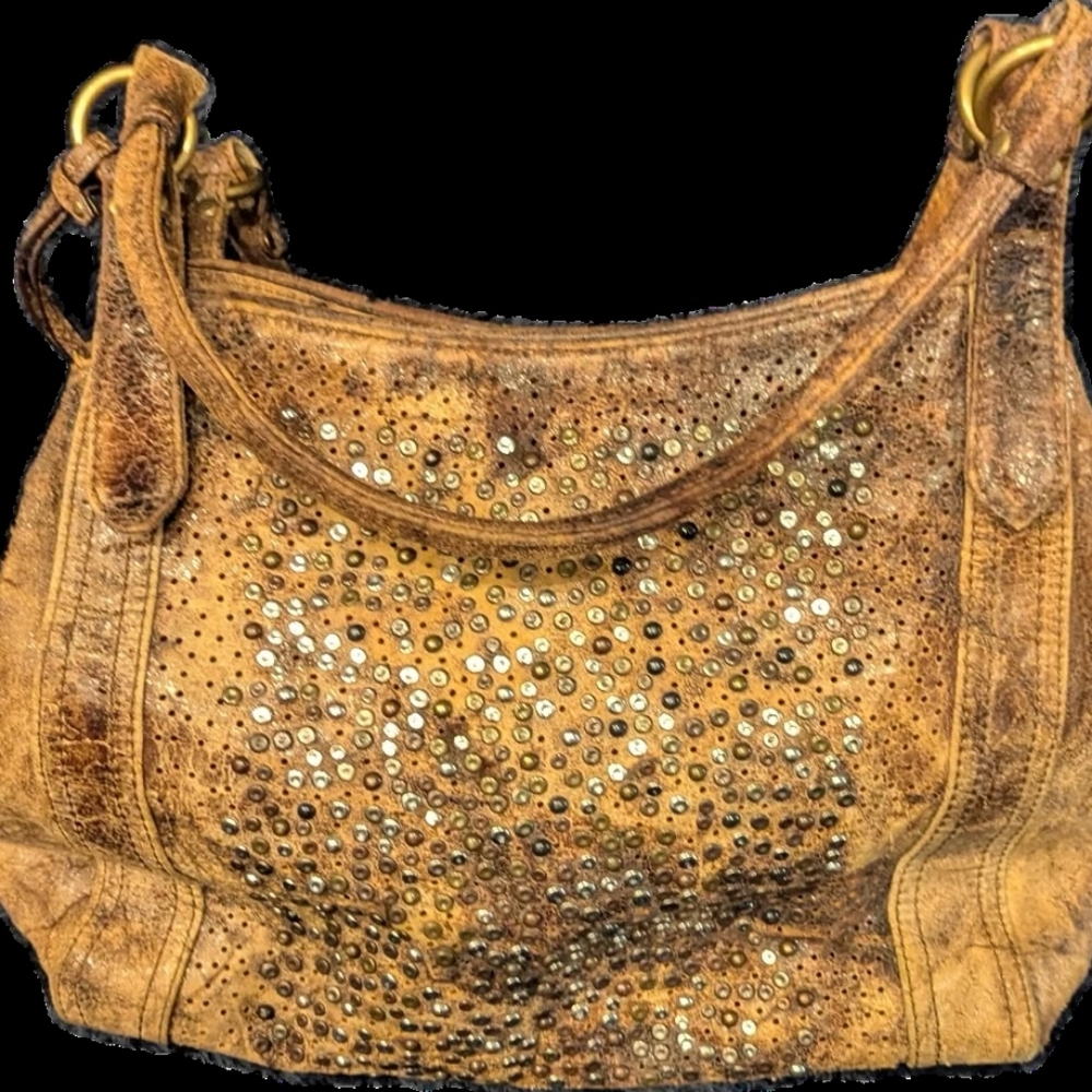 FRYE Deborah Brown Leather Studded Tote Carryall Satchel Purse Shoulder Handbag